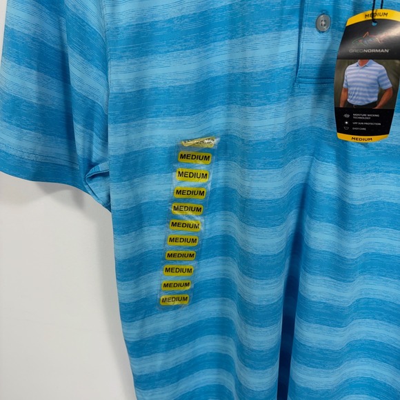 Greg Norman Play Dry Performance Polo Golf Shirt Men Medium Blue Striped Stretch - Picture 7 of 13